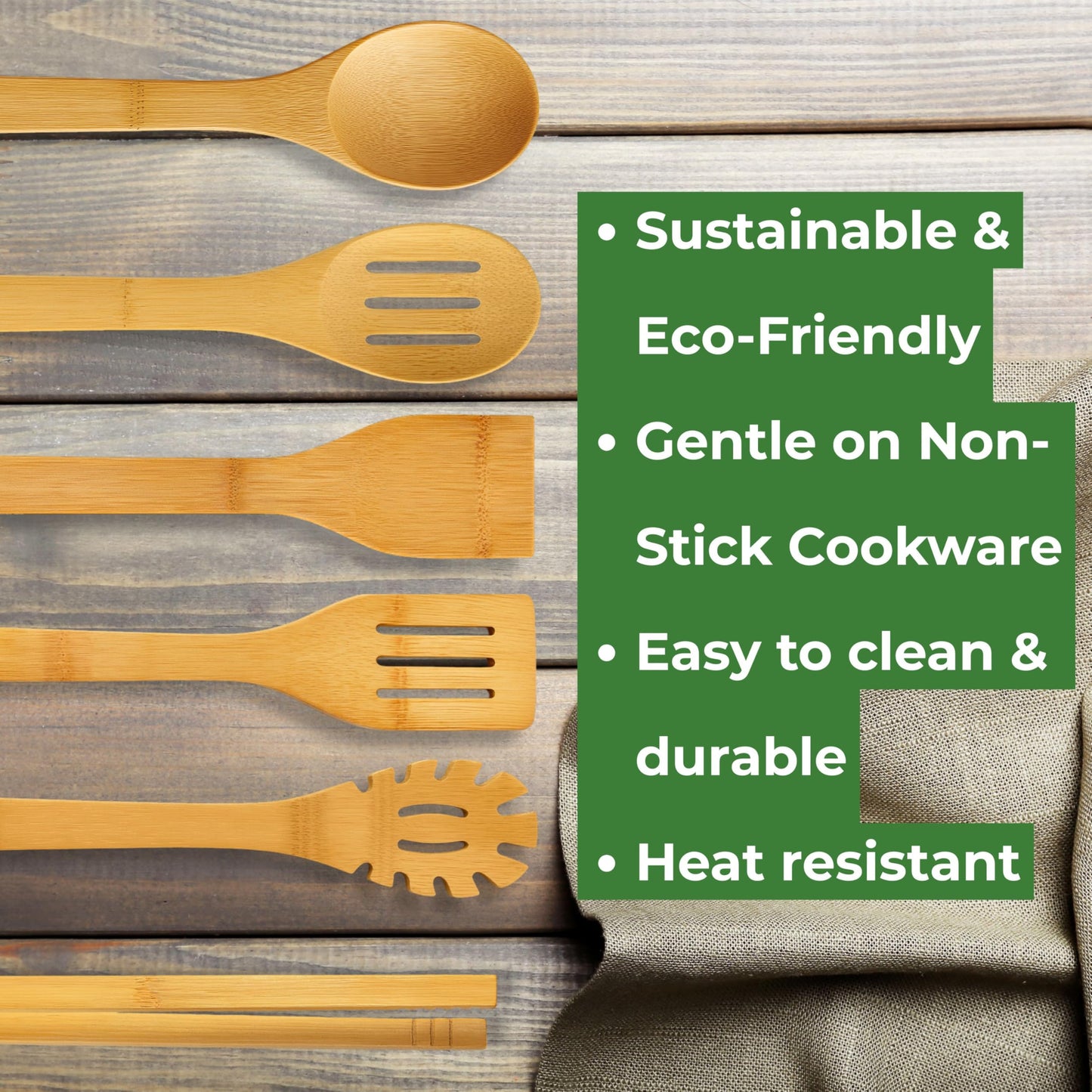 Luma Living Home Bamboo Kitchen Utensil Set, 7-Pieces Natural Cooking Utensils for Nonstick Cookware, Eco-Friendly Wooden Spoons and Spatulas for Cooking