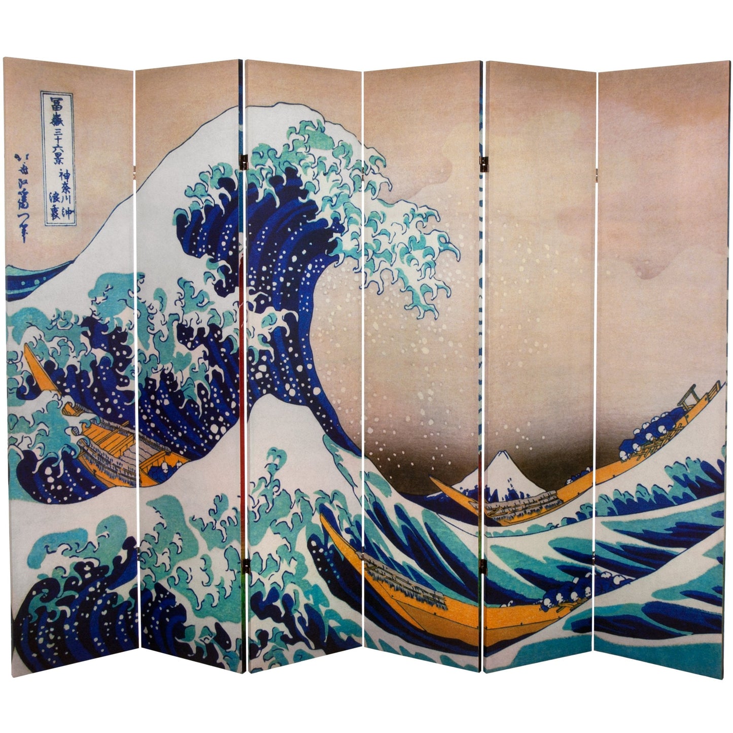Red Lantern 6 ft. Tall Double Sided Hokusai Room Divider - Great Wave/Red Fuji 6 Panel Freestanding Folding Privacy Screen Partition and Separator for Modern and Contemporary Bedroom Home Office Dorm