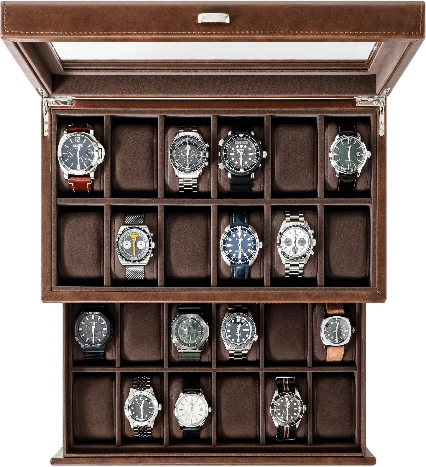 TAWBURY 24 Slot Watch Box for Men - Extra Large Watch Case with Double-Layer Design for Optimized Storage | Removable Drawer for Easy Handling (Brown)