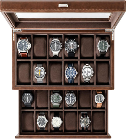 TAWBURY 24 Slot Watch Box for Men - Extra Large Watch Case with Double-Layer Design for Optimized Storage | Removable Drawer for Easy Handling (Brown)