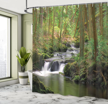 Ambesonne Nature Shower Curtain, Stream Flowing in Forest with Mossy Rocks, 69" W x 75" L, Green Brown