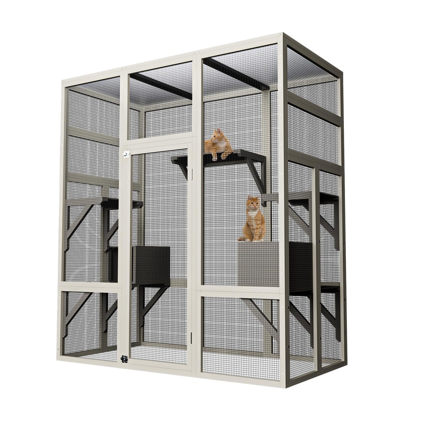 70" Large Outdoor Catio Cat Enclosure, Wood Cat Patio with Waterproof UV-Resistant Roof, Cats Shelter with 5 Platforms and 2 Resting Box, and Secure Rust-Proof Wire for Backyard or Patio