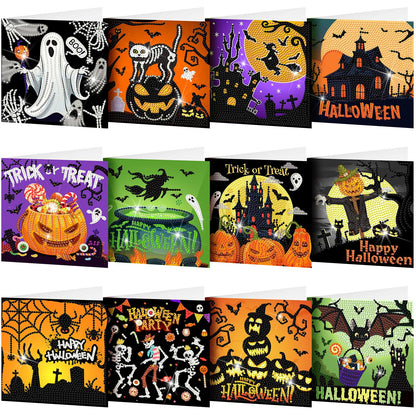 Saillong 12 Pack Halloween Diamond Painting Greeting Card Kits DIY Diamond Art Cards with Envelopes Bat Black Cat Pumpkin 5D Rhinestones Painting for Adults DIY Craft Family Friend Halloween Gifts