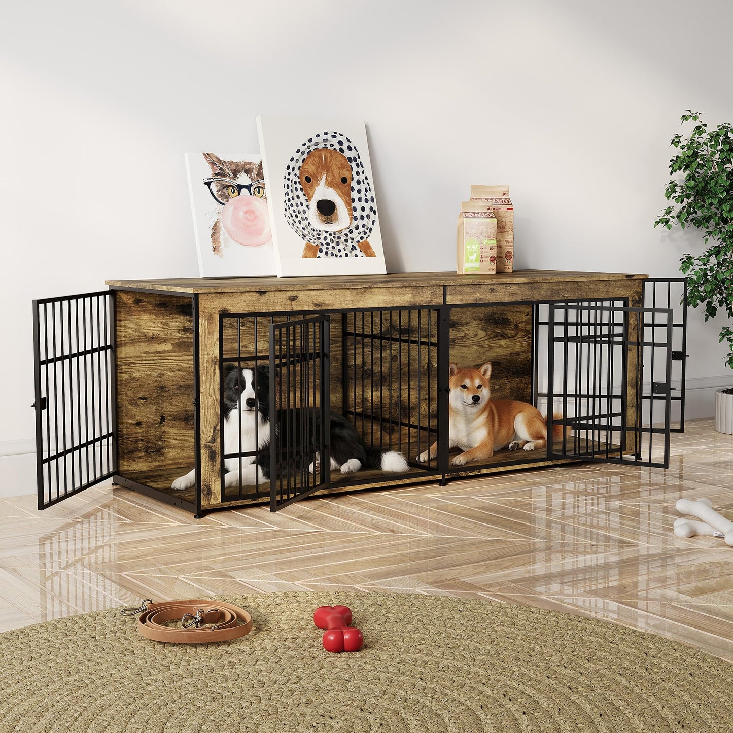 GarveeLife 78.7" Heavy Duty Dog Crate Furniture, Dog Cage Furniture with Divider,Wooden Kennel Indoor TV Stand End Table for Large/Medium Dogs, Rustic Brown