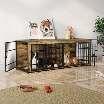 GarveeLife 78.7" Heavy Duty Dog Crate Furniture, Dog Cage Furniture with Divider,Wooden Kennel Indoor TV Stand End Table for Large/Medium Dogs, Rustic Brown