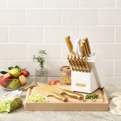 McCook® Knife Sets, Golden Titanium Stainless Steel Kitchen Knife Block Sets with Built-in Sharpener