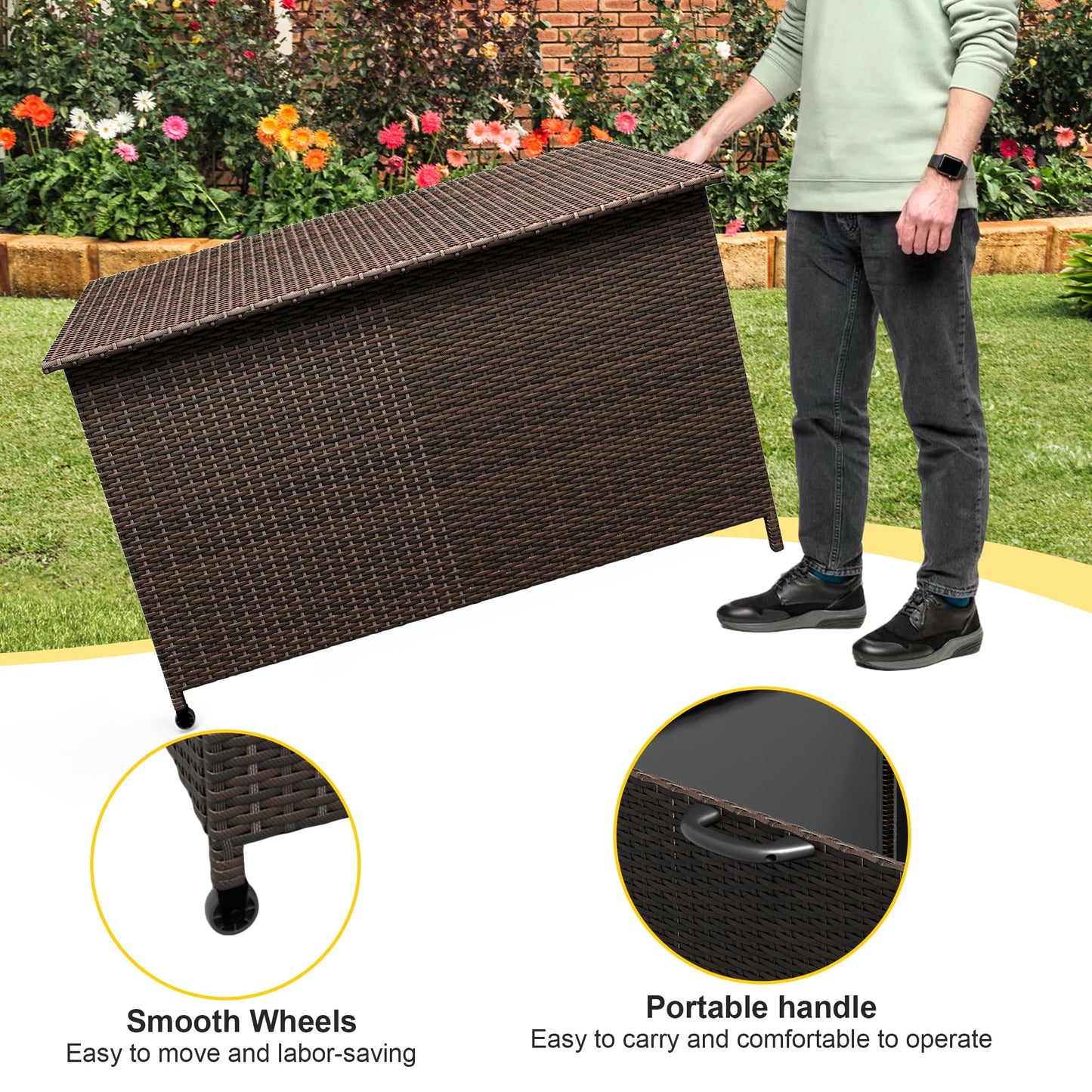 MilleLoom 185 Gallon Outdoor Storage Box with Wheels - Large Wicker Rattan Deck Box for Patio Cushions, Garden Tools, Pool Floats & Pillows, All-Weather Patio Furniture Storage, Brown