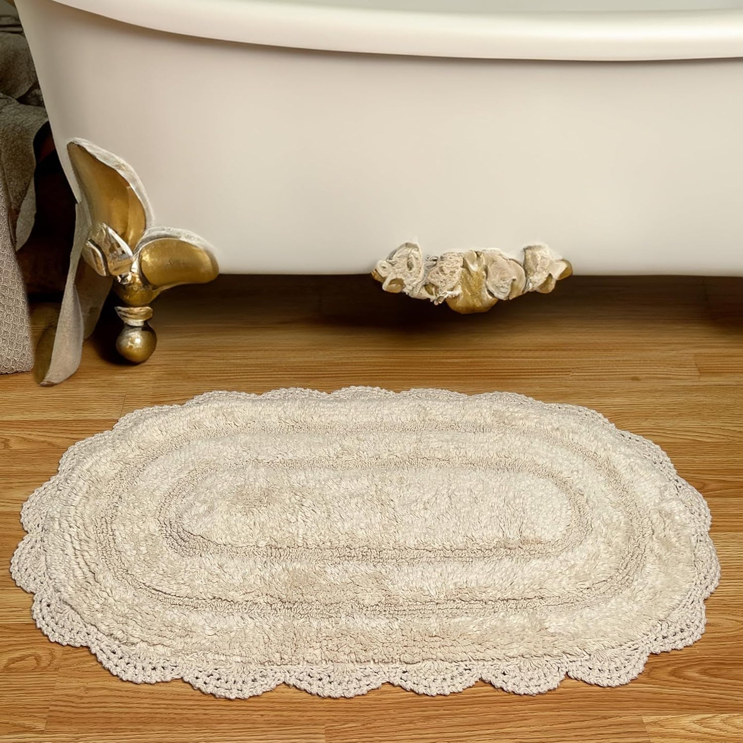 Chardin Home Ivory Crochet Bathrug, 100% Cotton Oval Bathmat with Handcrafted Crochet Border, 21x34 Inch