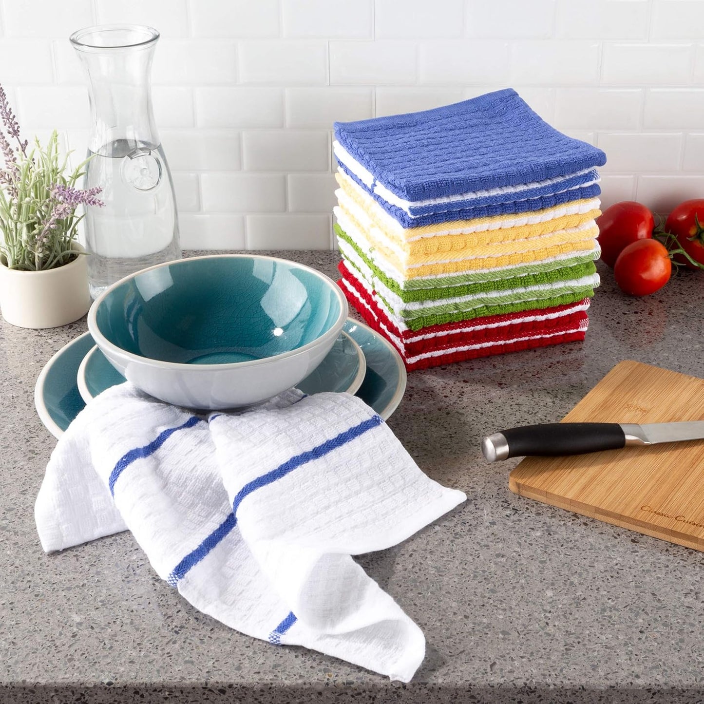Kitchen Dish Set of 16 - 100% Cotton Wash Cloths, Waffle Weave in 4 Colors for Cleaning by BH