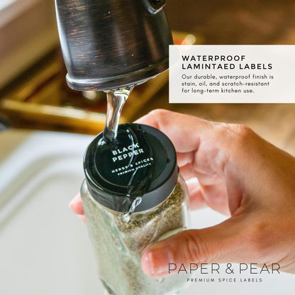 Modern Style Round Black Spice Labels Stickers Preprinted Waterproof by Paper & Pear - Oil Resistant Kitchen Pantry Labels for Home Improvement - 1.35 Inches Pantry Stickers - Set of 80 (No Jars)