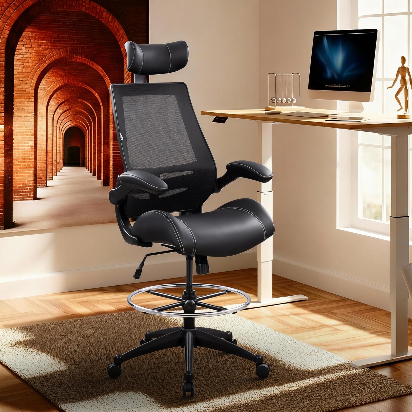 BOLISS Tall Ergonomic Office Chair, Sustainable Tech-Leather Drafting Chair with Adjustable Foot Ring, 90° Flip-Up Arms Space Saving Mesh Computer Desk Chair for Standing Desk Executive Work 8+ Hours