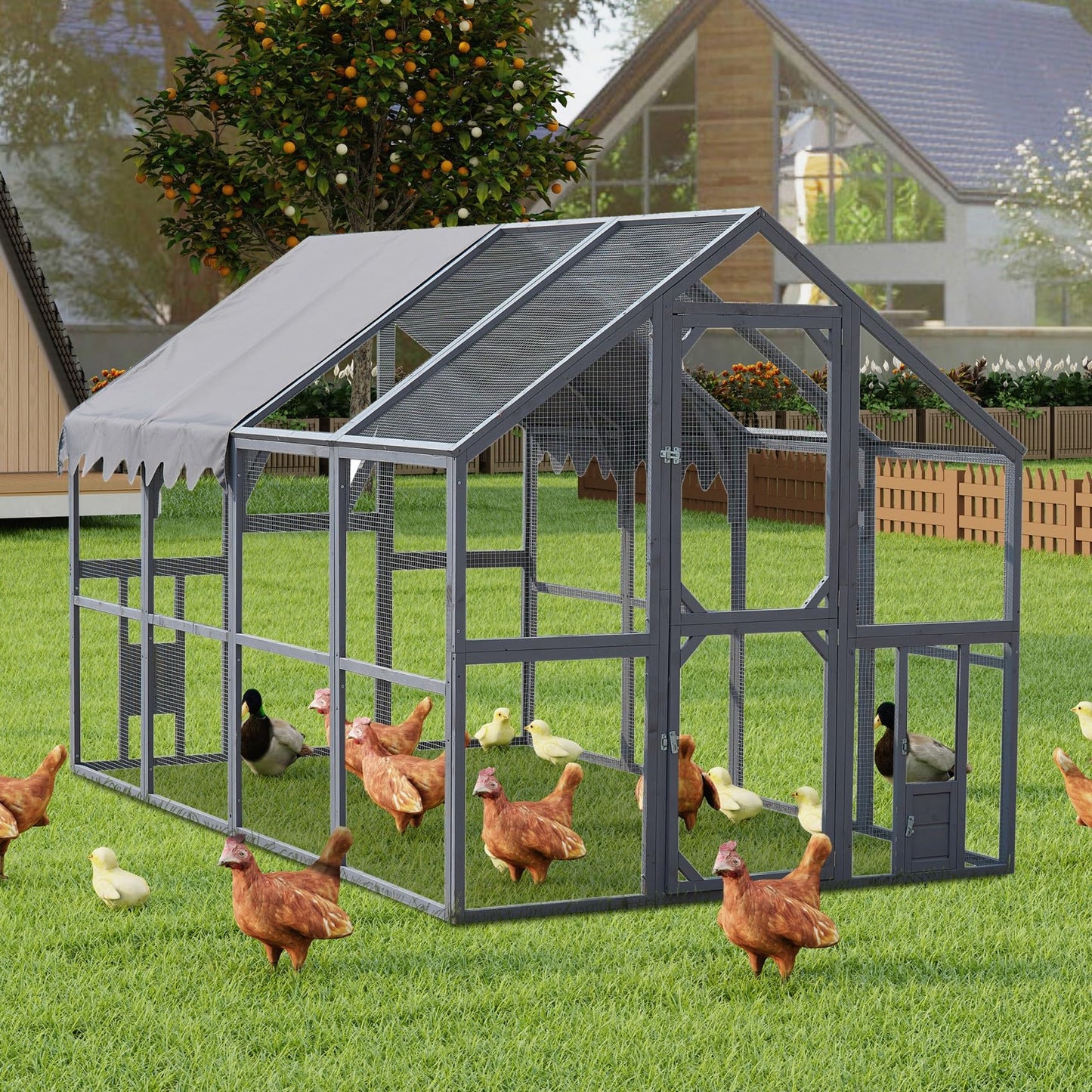 KEIKI 110" L Outdoor Large Chicken Coop with Waterproof Cover, Wire Mesh & 2 Lift Small Doors with Locks, Wood Chicken Coop House for Cat Kitten, Duck, Rabbit, Quail Playpen