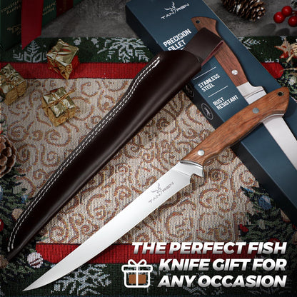 TAN REN Fillet Knife for Fish 9 Inch, Professional Stainless Steel Fishing Knives with Sheath for Filleting and Cleaning, Full Tang Filet Knife for Meat with Ergonomic Wood Handle, Father's Day Gift