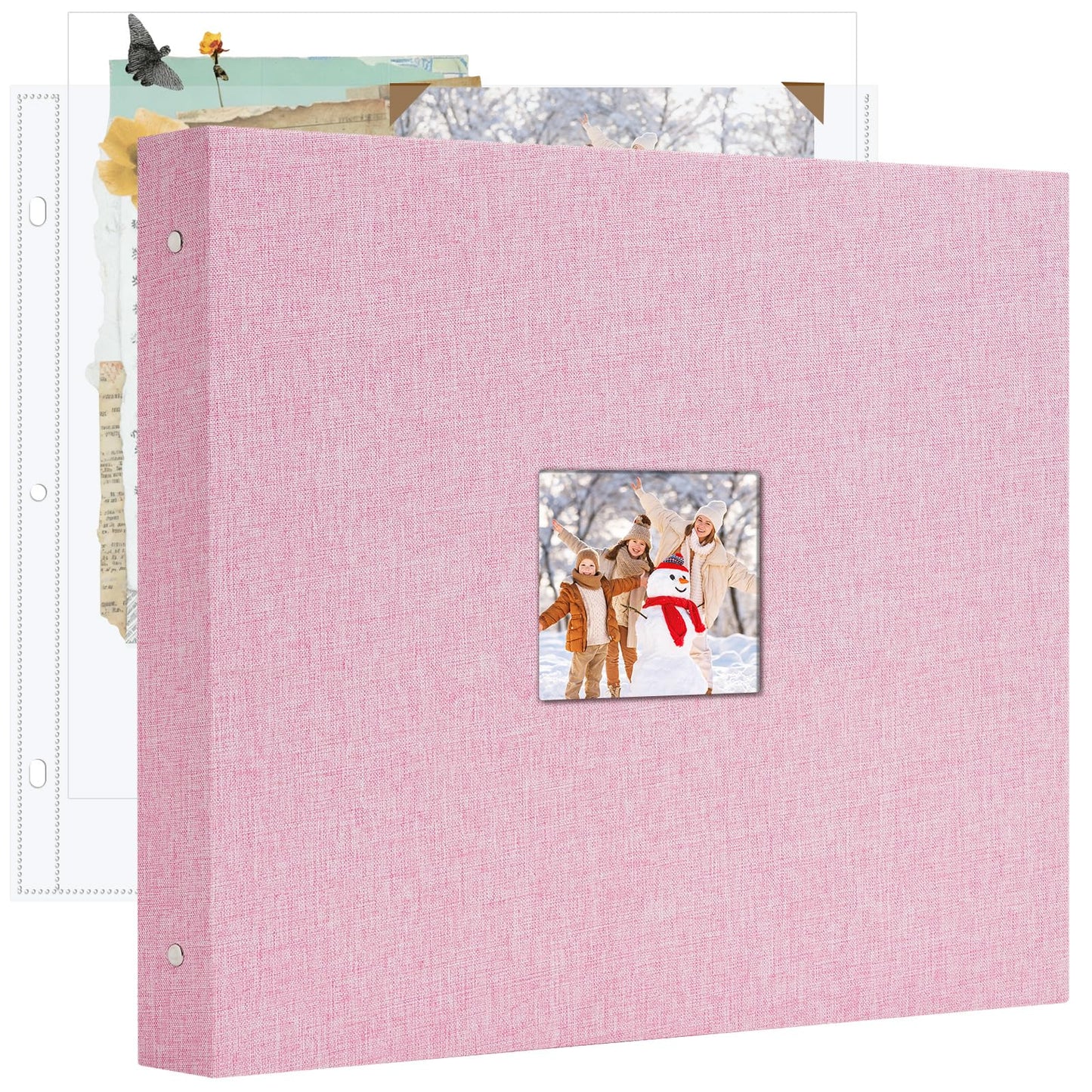 Hiwhy 12x12 Inch Large 3 Ring DIY Scrapbook Photo Album, Linen Cover Scrapbook with 20 Sheets Plastic Sleeves 40 Pages Memory Book for Wedding Birthday Baby Family (Pink)