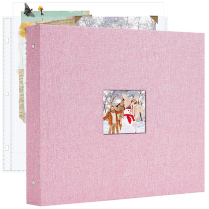 Hiwhy 12x12 Inch Large 3 Ring DIY Scrapbook Photo Album, Linen Cover Scrapbook with 20 Sheets Plastic Sleeves 40 Pages Memory Book for Wedding Birthday Baby Family (Pink)