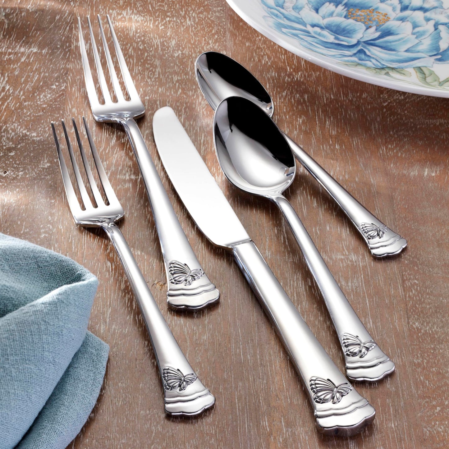 Lenox Silverware Set, Butterfly Meadow II Mirror 65-Piece Flatware Set, Service For 12, 18/10 Stainless Steel, Dishwasher Safe, Cutlery Sets, Utensils Sets, Knives Spoons & Forks (Silver, 65 Pieces)