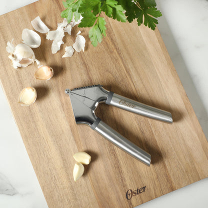 Oster Chadswyck 7.7” Garlic Press, Stainless Steel Garlic Mincer & Crusher, Easy Squeeze, Dishwasher Safe