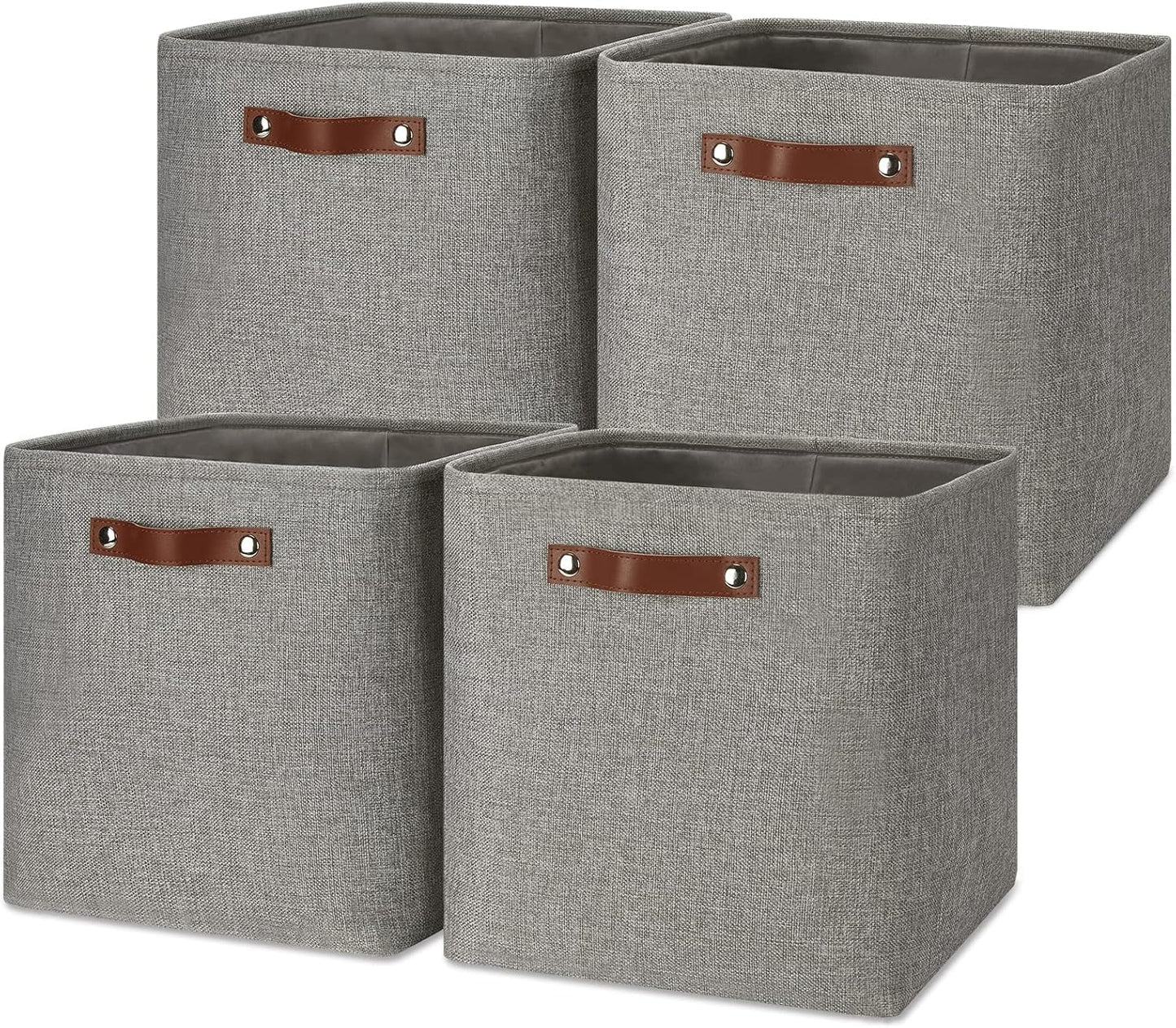 Temary 13 Inch Fabric Storage Baskets, Set of 4 Cube Bins for Home and Office with Leather Handles in Grey