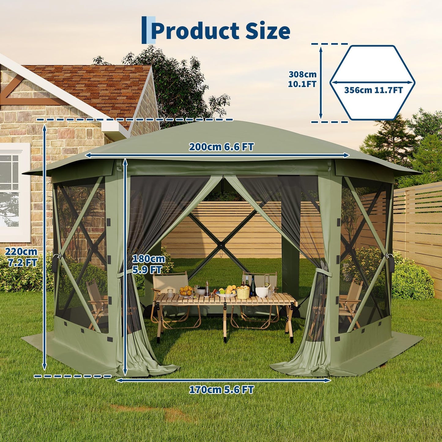 11.5x11.5FT Pop Up Canopy Tent 6 Sided Hexagon Screened Shelter with Mesh Windows, Portable Outdoor Gazebo Tent with Carry Bag, Stakes for Camping Backyard Lawn Patio
