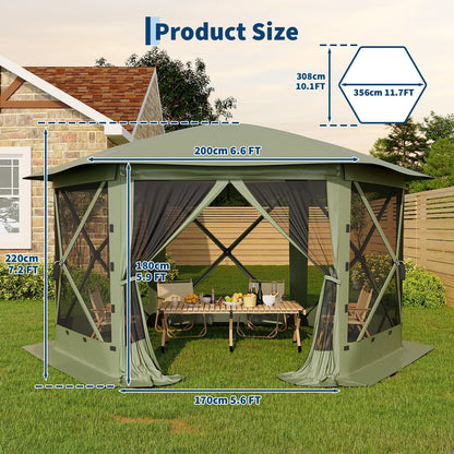 11.5x11.5FT Pop Up Canopy Tent 6 Sided Hexagon Screened Shelter with Mesh Windows, Portable Outdoor Gazebo Tent with Carry Bag, Stakes for Camping Backyard Lawn Patio