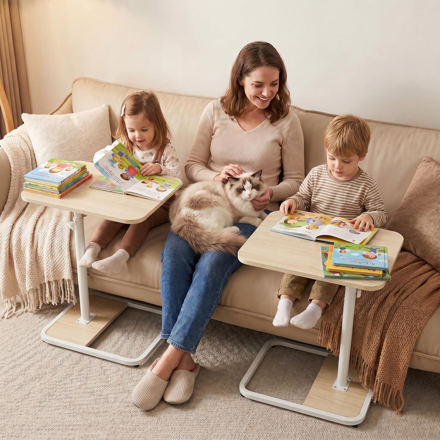 YUHFERA Large TV Tray Table Set of 2, C-Shaped Side Table with Adjustable Height & Rounded Corners, Snack Table for Couch, Bed or Recliner, for Laptop, Eating & Working, Oak