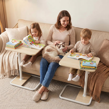 YUHFERA Large TV Tray Table Set of 2, C-Shaped Side Table with Adjustable Height & Rounded Corners, Snack Table for Couch, Bed or Recliner, for Laptop, Eating & Working, Oak