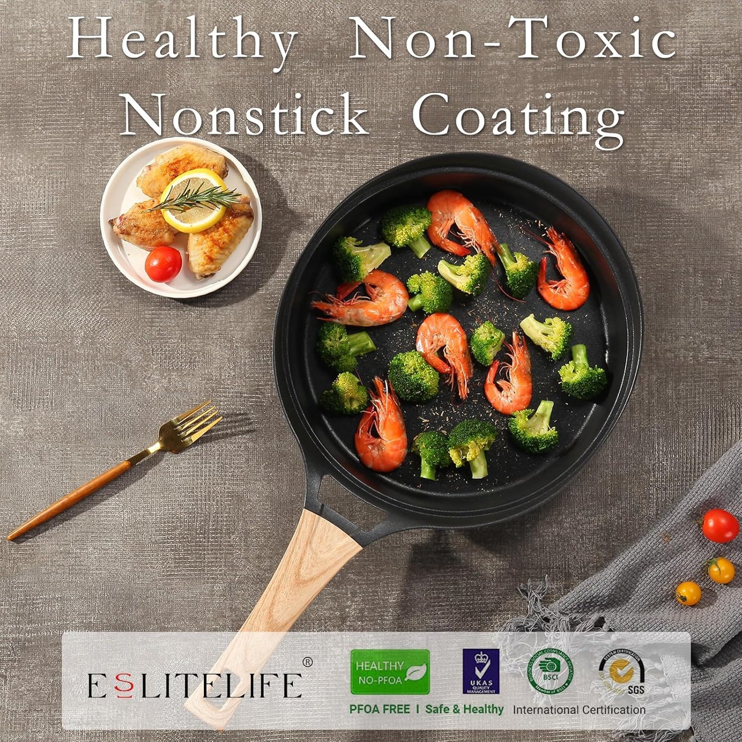 ESLITE LIFE Nonstick Deep Frying Pan Skillet with Lid, 9.5 Inch Healthy Granite Coating (Black)