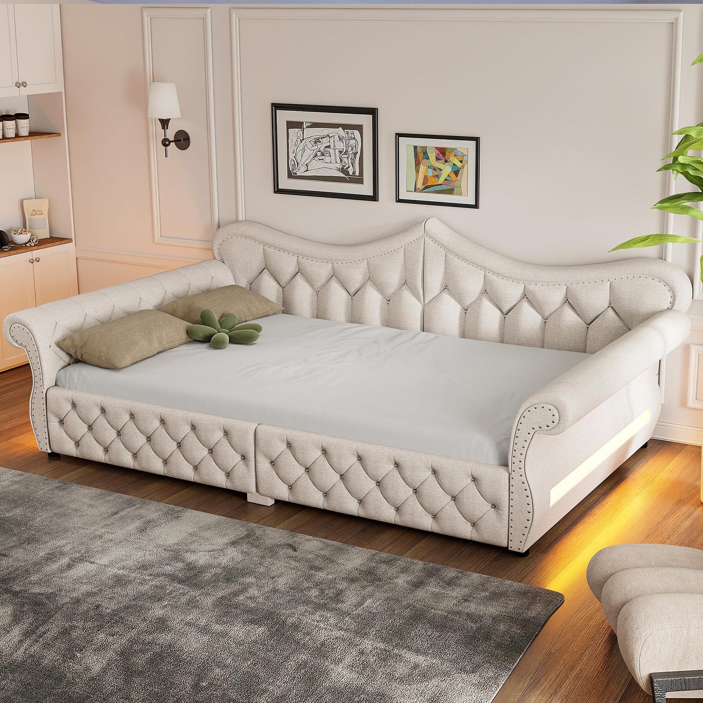 Merax Queen Size Upholstered Daybed with LED Lights, Convertible Sofa Bed, Tufted Daybed with Nailhead Trim, Wooden Frame Guest Bed for Living Room Bedroom, Beige
