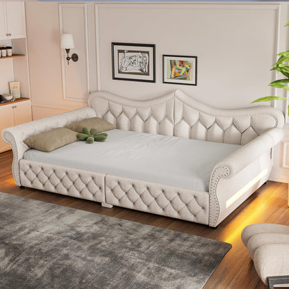Merax Queen Size Upholstered Daybed with LED Lights, Convertible Sofa Bed, Tufted Daybed with Nailhead Trim, Wooden Frame Guest Bed for Living Room Bedroom, Beige