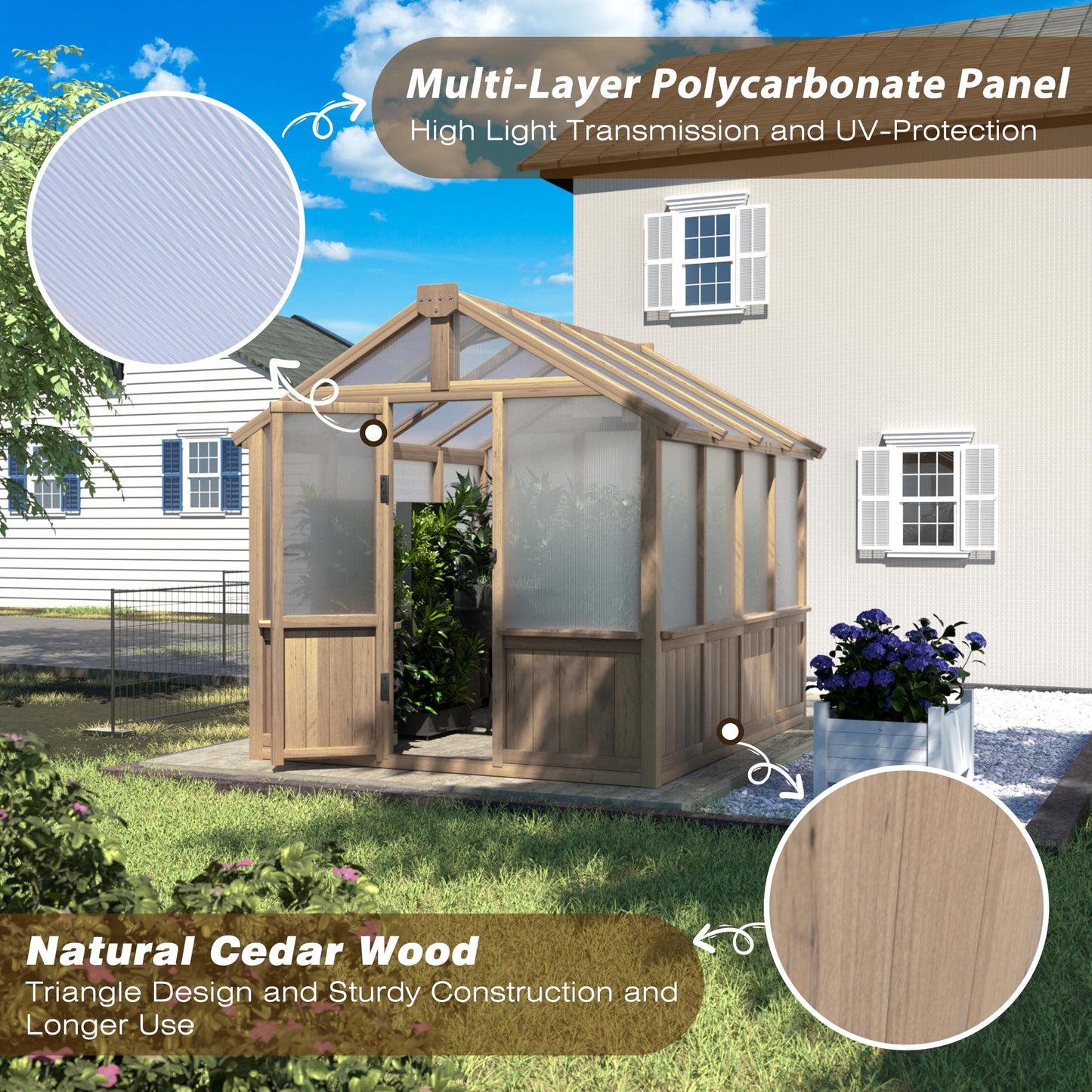 Yardenaler 6x8 FT Greenhouse Kit for Outdoor, 6MM Thick Polycarbonate Panel Wooden Walk-in Green House with Lockable Door and Adjustable Roof Vent, Backyard Garden, Light Mocha Brown