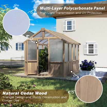 Yardenaler 6x8 FT Greenhouse Kit for Outdoor, 6MM Thick Polycarbonate Panel Wooden Walk-in Green House with Lockable Door and Adjustable Roof Vent, Backyard Garden, Light Mocha Brown