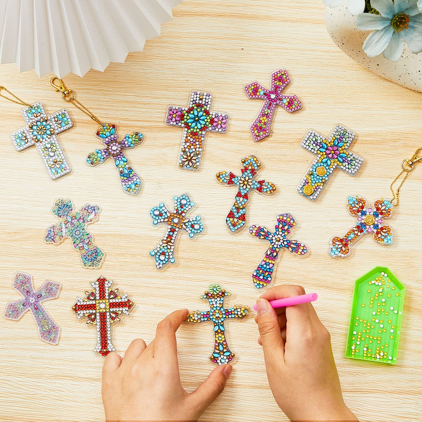Sureio 36 Pcs Cross Diamond Painting Keychains 5d Double Sided Cross Shaped Diamond Art Keychains for DIY Adults Crafts Home Decor Gift Party Favors