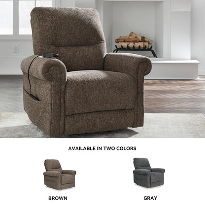Signature Design by Ashley Aureta Classic Stain Resistant Power Lift Recliner with Side Pocket, Heat and Massage, Dark Brown