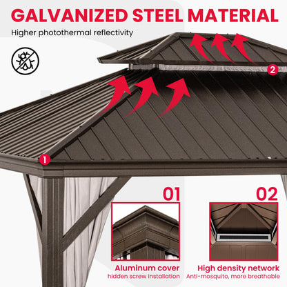PAMAPIC 10x12FT Premium Hardtop Gazebo, 2-Tier Galvanized Steel Roof with Aluminum Frame, UV-Proof Curtains & Mosquito Netting, All-Weather Outdoor Pavilion for Backyard, Garden & Parties,Brown