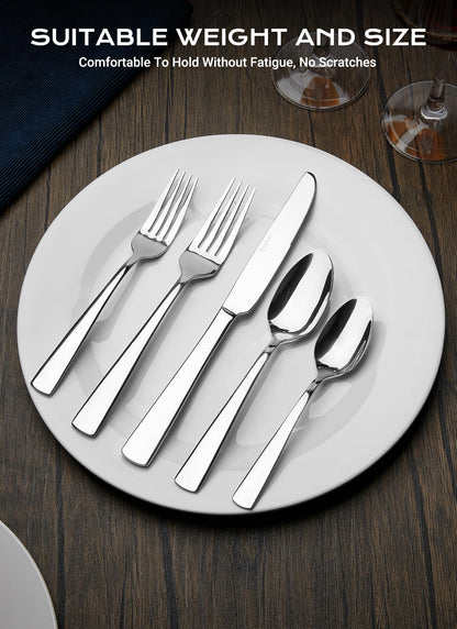 45-Piece Flatware Sets, Silverware Set for 8, Durable Stainless Steel Tableware in Ergonomic Design Size and Weight, Kitchen Utensils Set with Steak Knives, Rust-proof, Dishwasher Safe