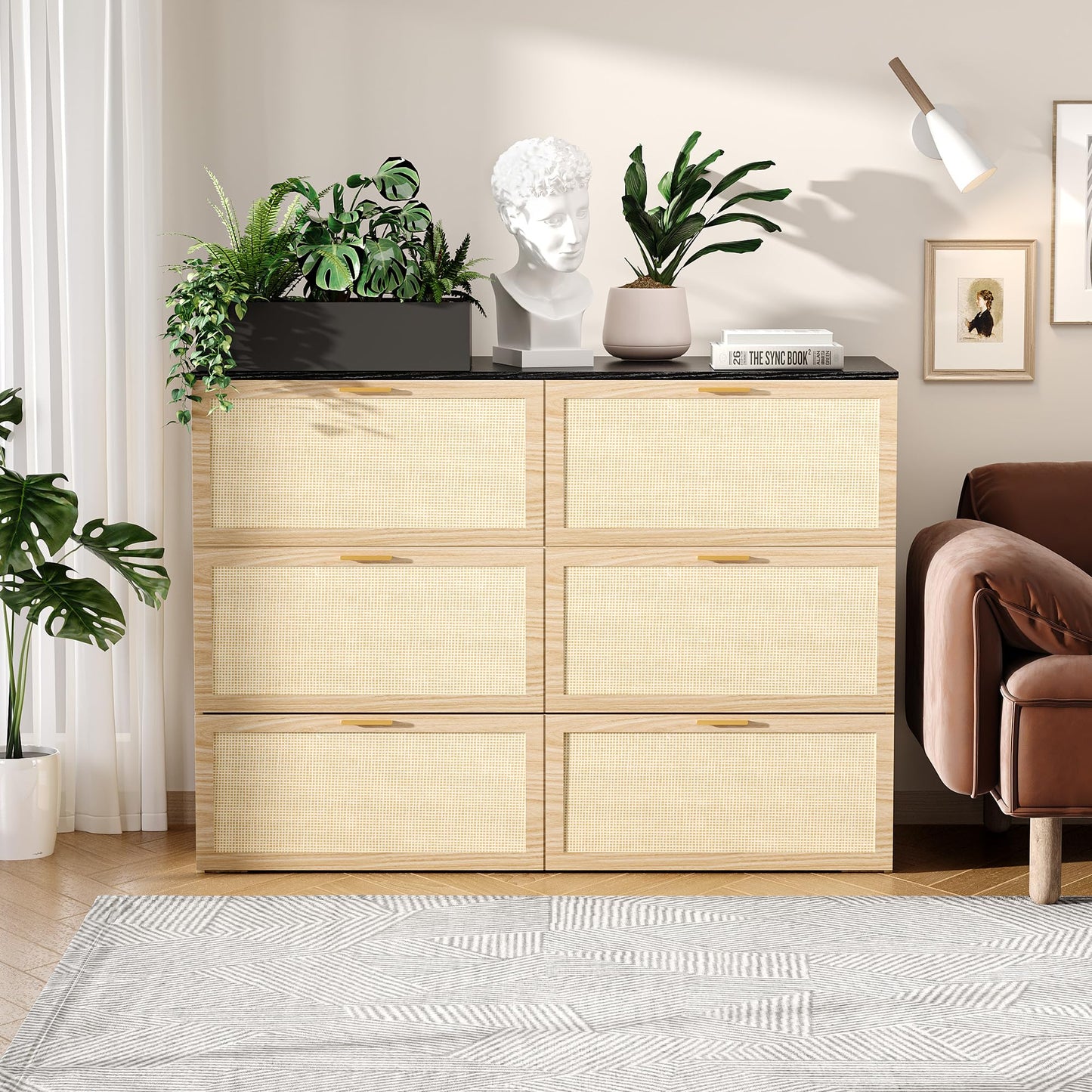 VINGLI Queen Size Rattan Murphy Bed with Storage Drawer,2 Charging Station, Boho,Hideaway Paltform Panel Bed for Small Spaces,Guest Room,Office,Apartment, Space-Saving Cabinet Bed,Oak White