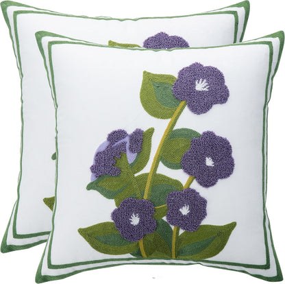 Set of 2 Embroidered Throw Pillow Covers 18x18 Inch, Purple Flower with Green Leaves for Living Room Sofa