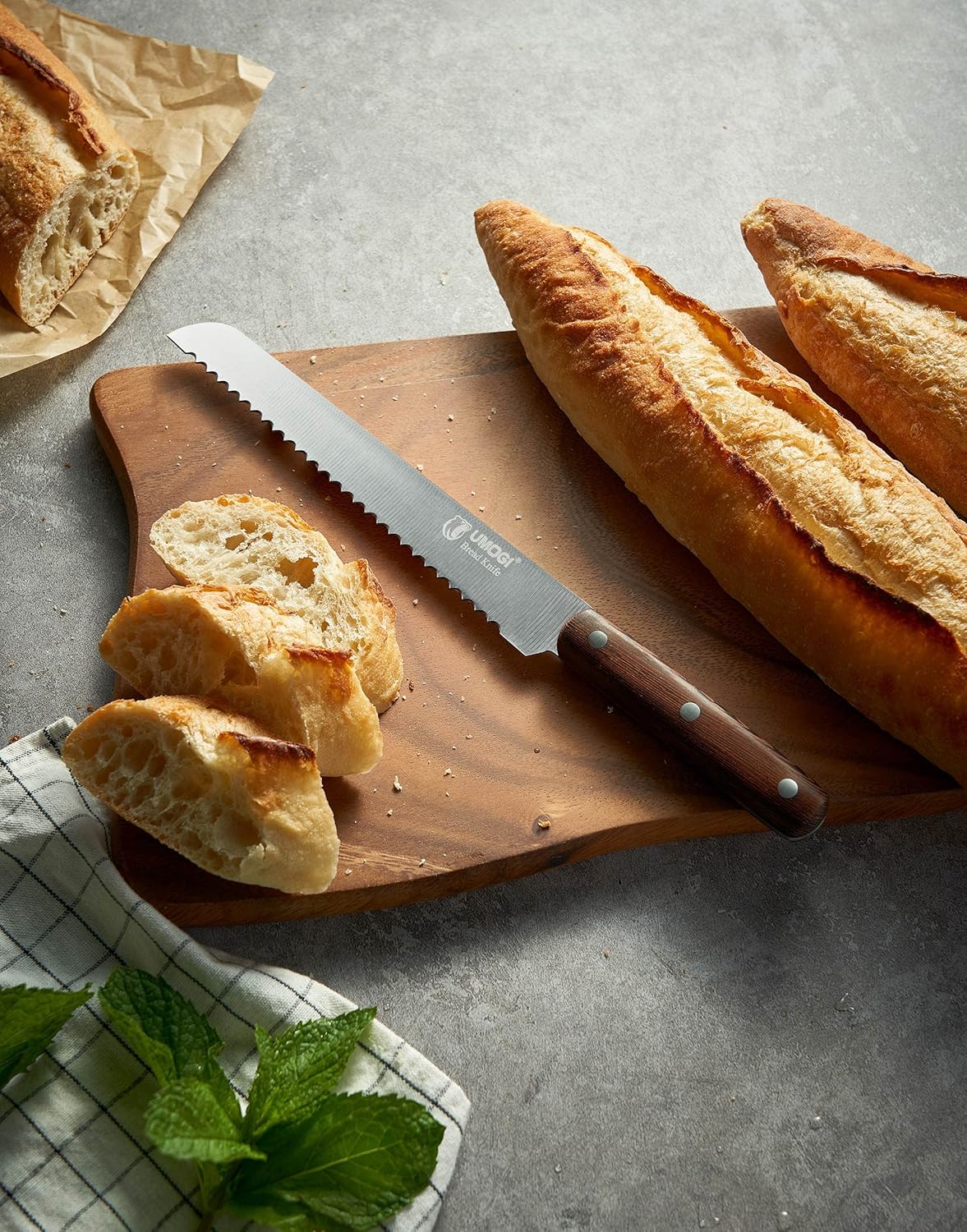 Bread Knife 8 Inch with Sheath, German High Carbon Stainless Steel, Ergonomic Grip Full Tang Wood Handle