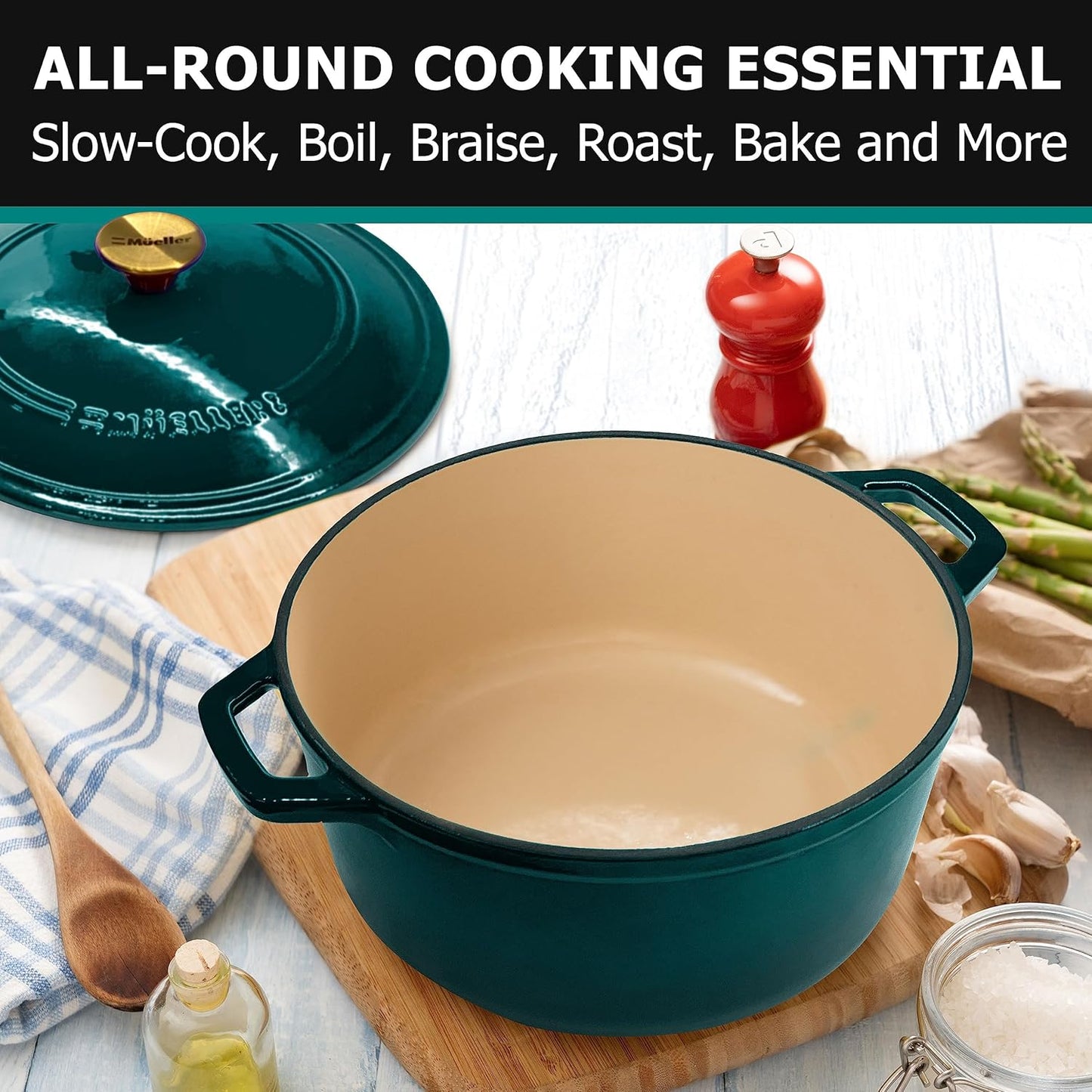 Mueller DuraCast Enameled Cast Iron Dutch Oven - 6 Quart, PFOA-Free, Oven Safe to 500°F | Ideal for Sourdough Baking, Emerald