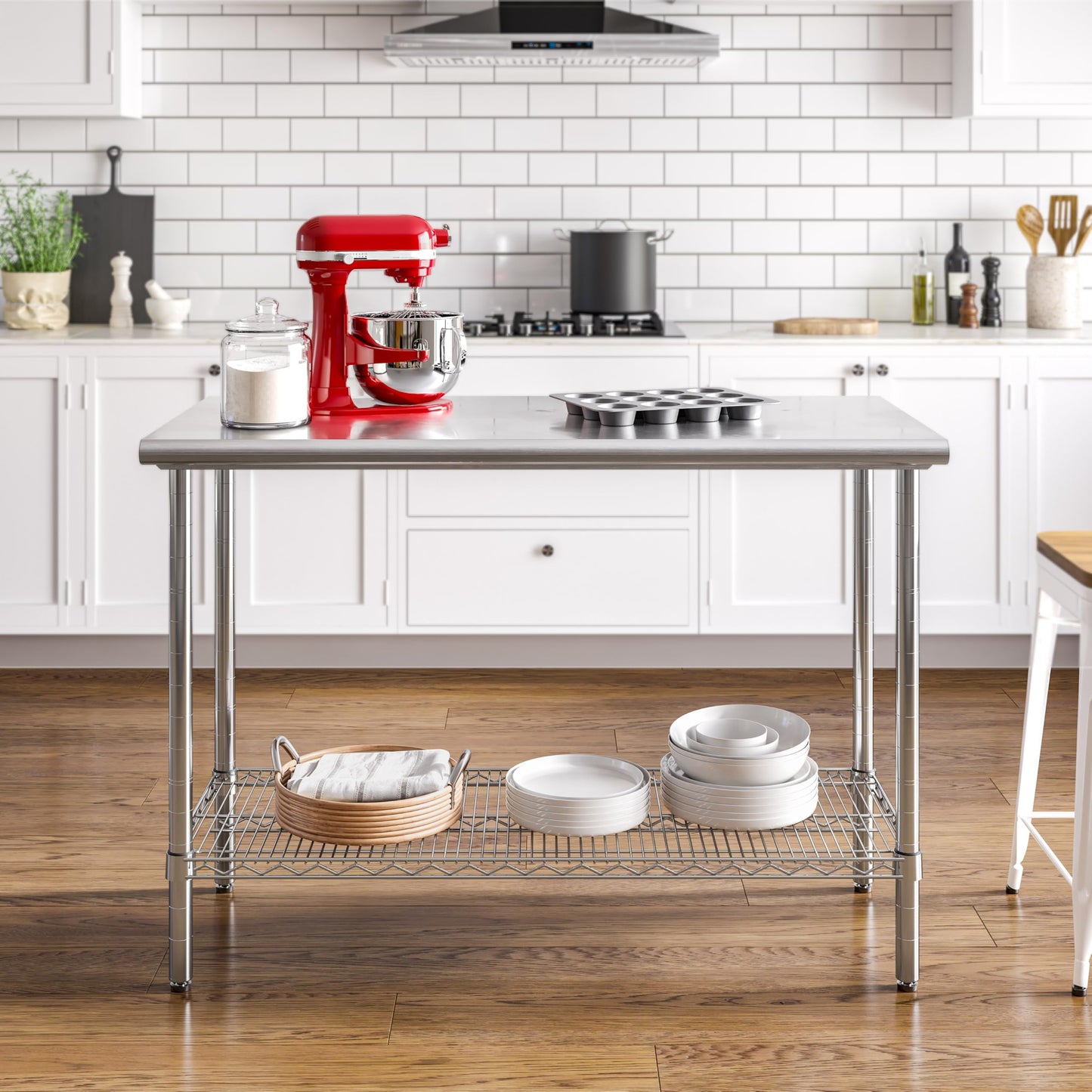 Seville Classics Commercial Work Table Island Utility Cart Prep Station, for Restaurant, Kitchen, Warehouse, Garage, Hotel, Home, Stainless-Steel Top NSF , 49" W x 24" D