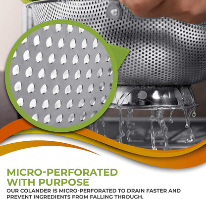 Stainless Steel Micro-Perforated 5-Quart Colander, Professional Strainer with Heavy Duty Handles