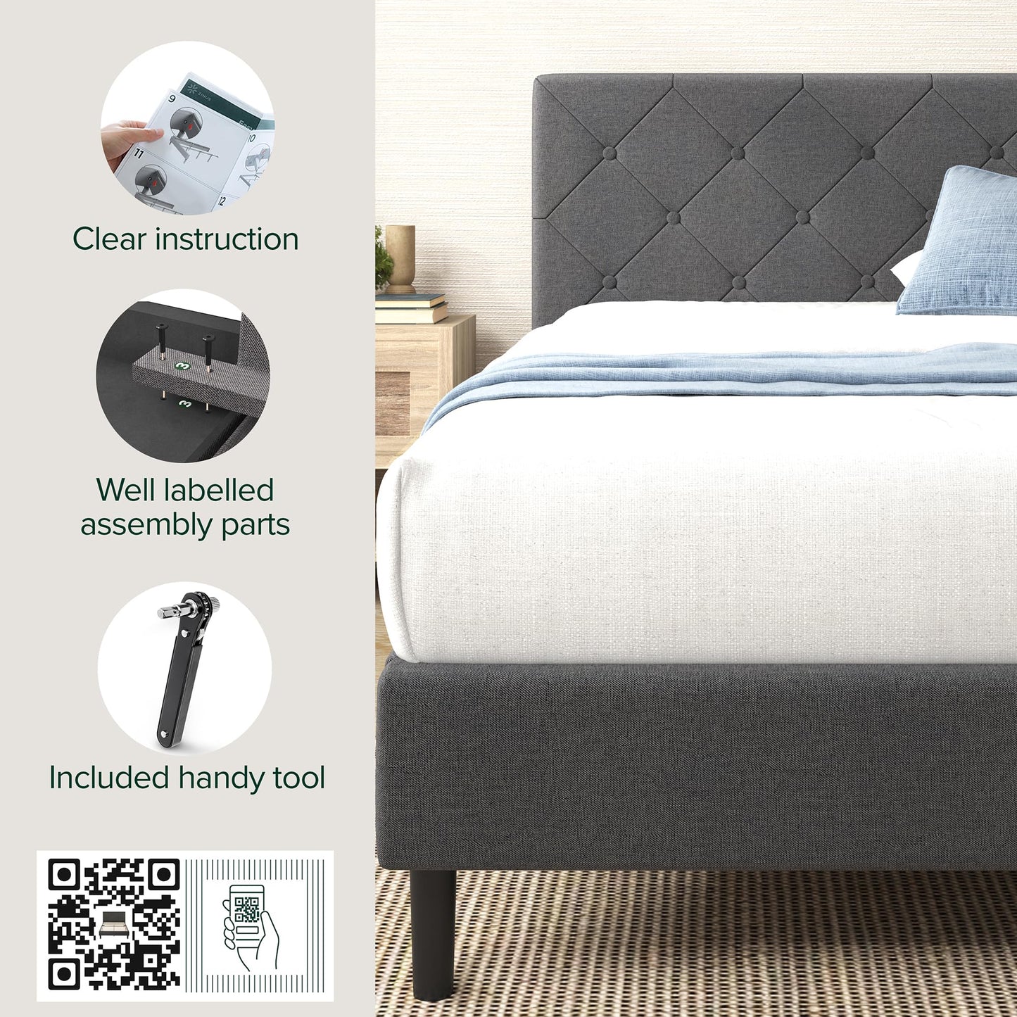 Zinus King Shalini Upholstered Platform Bed Frame with Headboard [New WonderBox(TM) Version], Wooden Slat Support, No Box Spring Needed, Easy Assembly, Eco Friendly Packaging, Dark Grey