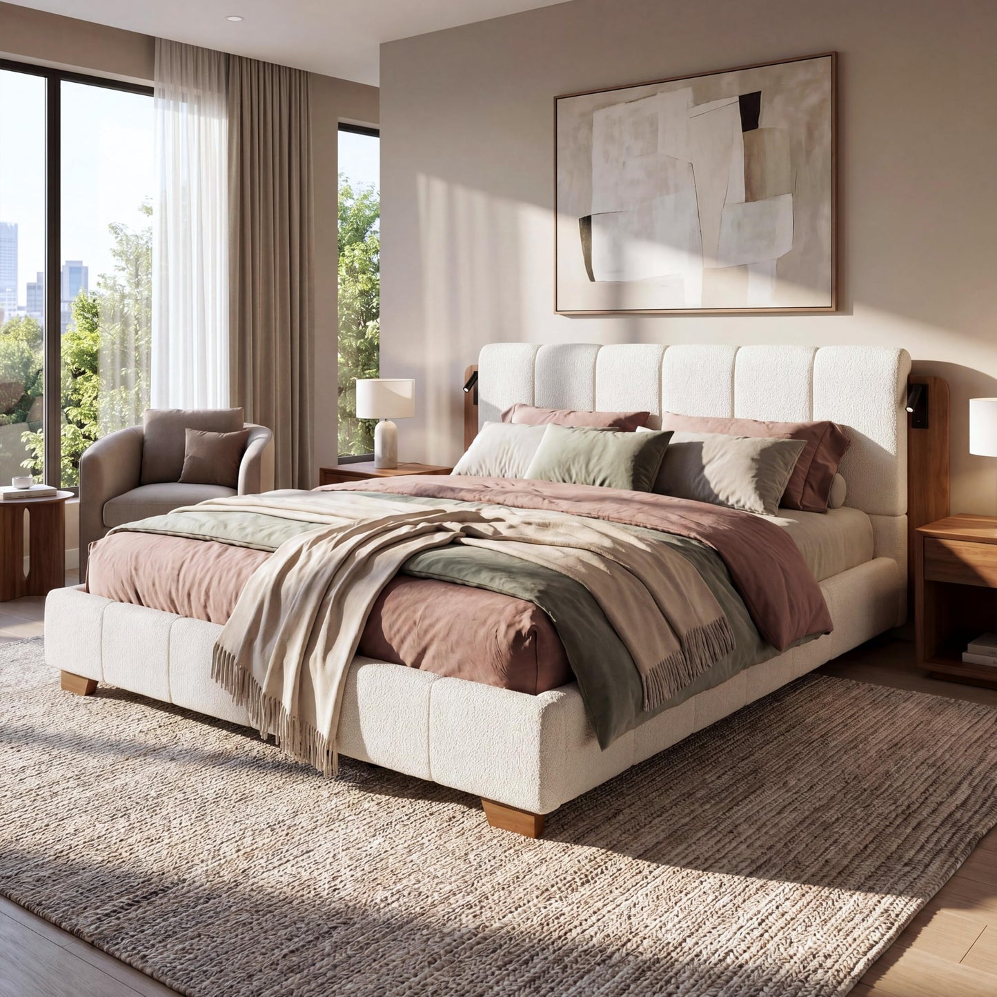 Christopher Knight Home Dora Boucle Upholstered King Bed Frame and Headboard, King Platform Bed and Reading Light, Wooden King Size Bed Frame with Tufted Design, No Box Spring Needed, White + Brown