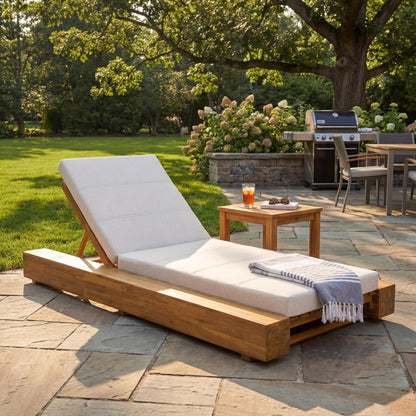 Christopher Knight Home Tory Acacia Wood Chaise Lounge Chair Outdoor, Poolside Sun Lounger Recliner, Patio Outdoor Chaise Lounge with Cushions, Adjustable Backrest Single Lounge Sofa, Beige+Teak