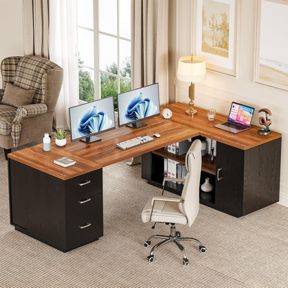 LITTLE TREE 87-Inch Modern Executive Desk with File Cabinet, Large Home Office Desk with Drawers, 3-Drawer Wooden File Cabinet, Spacious Workstation for Home Office (Brown & Black)