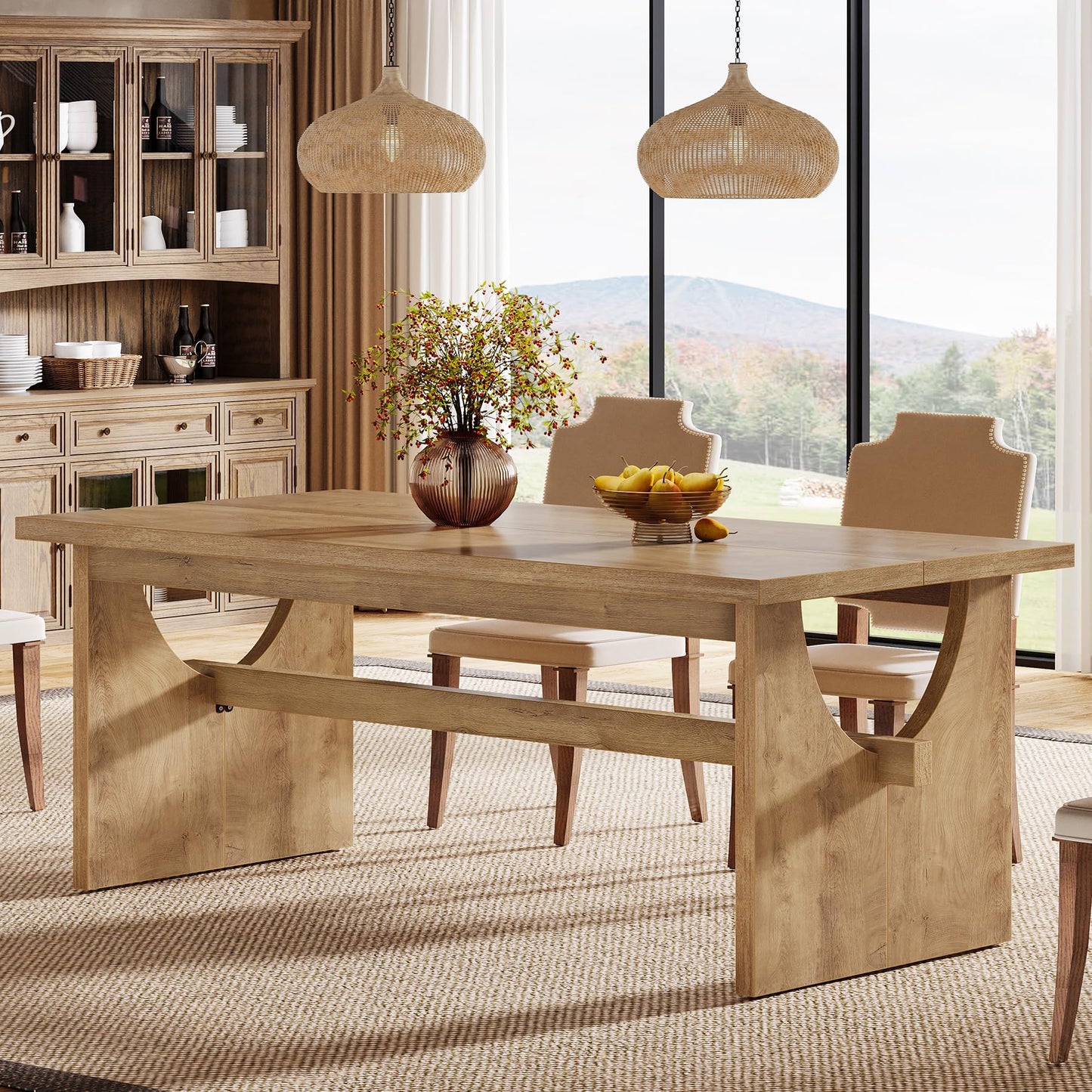 Tribesigns Farmhouse Dining Table for 4-6 People, 63" Large Rectangular Kitchen Dining Room Table with Heavy Duty Double Base for Kitchen Living Room, Rustic Brown