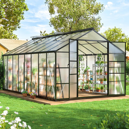 Polar Aurora 10X16 FT Greenhouse, Polycarbonate, Aluminum Frame, Manual Closure, Black