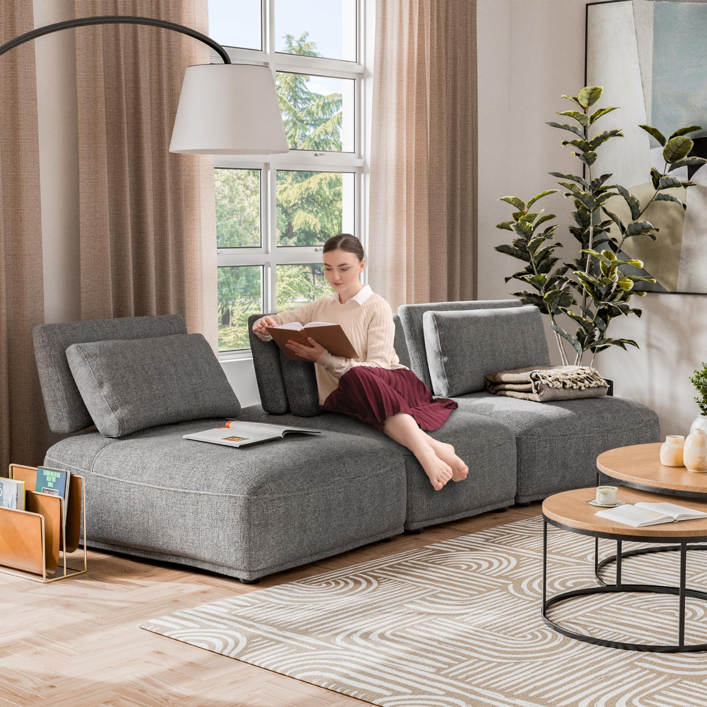 Furniture of America Tatiana Modern Chenille 3-Piece Curved Modular Sectional Sofa with Adjustable Backrest for Living Room, Office, Free-Combined, FSC & Oeko TEX Certified, Gray
