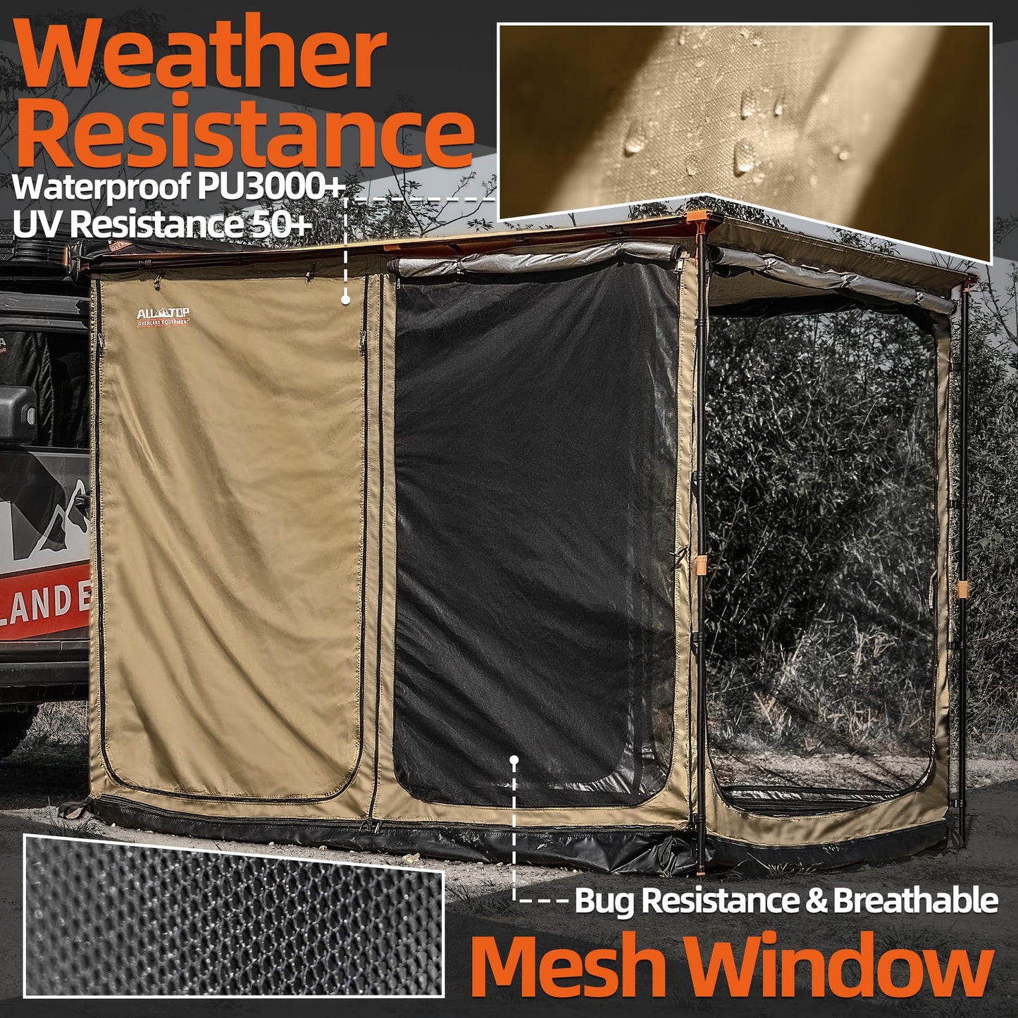 ALL-TOP Awning Room with Floor 8.2' x 10' Rip-Stop 420D Oxford Awning Tent with Bug-Resistance Mesh, Waterproof Sun Shelter for Overland, Camping(Room Only)