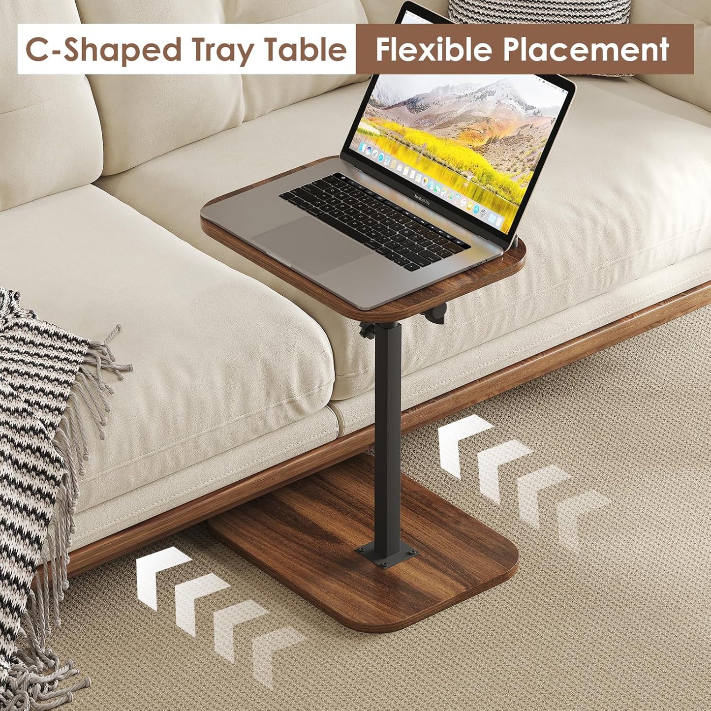360 Side Table Sofa Tv Tray Height Adjustable C Shaped End Table Swivel Overbed Living Room Couch Table, Walnut
